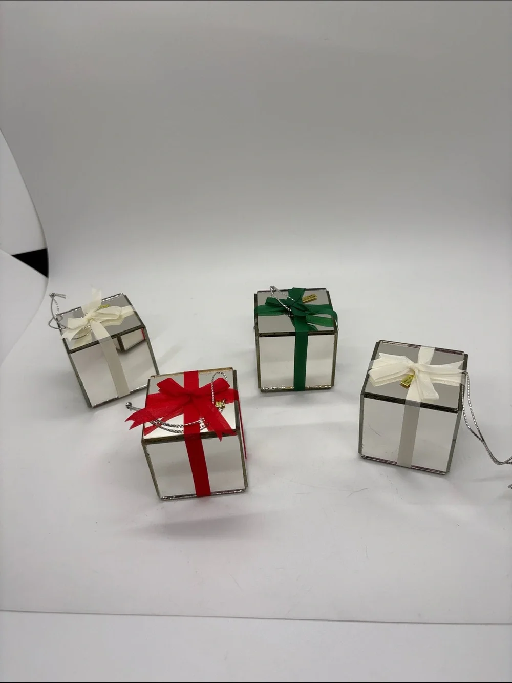 Mirrored Glass Gift Box Ornament with Red, Green, VTG